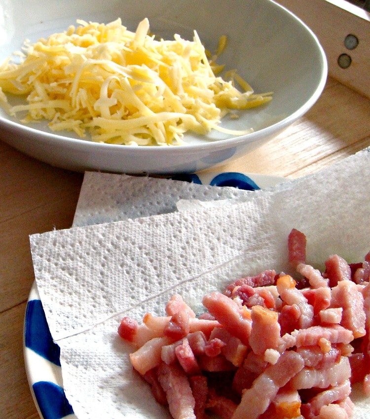 Bacon and Cheese Potato Croquettes, preparing bacon and grated cheese