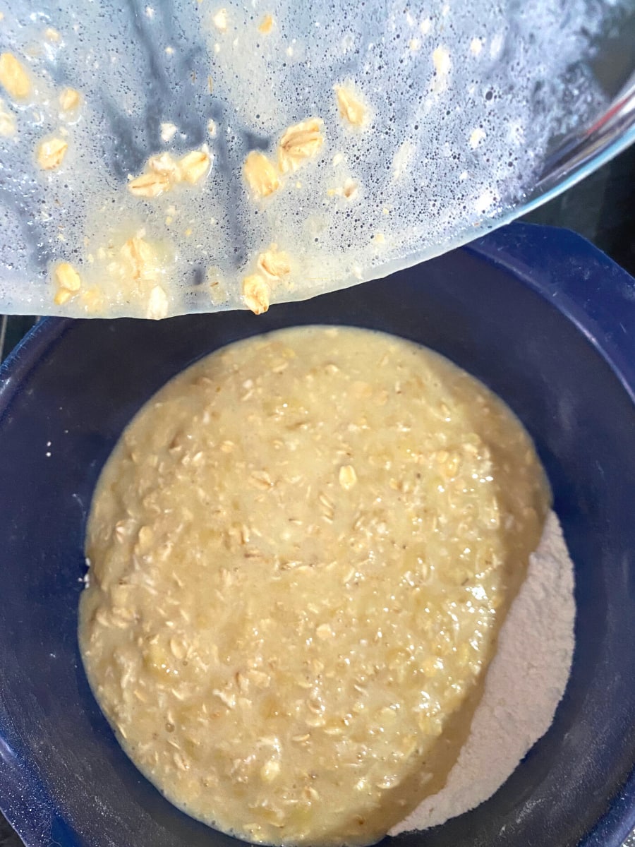 Banana Oatmeal Muffins,adding wet ingredients to dry ingredients