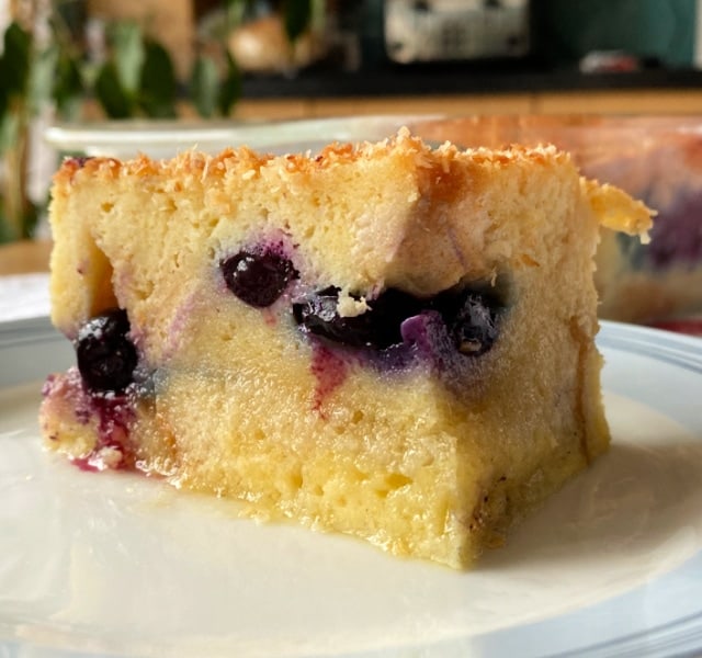 Blueberry and Coconut Bread and Butter Pudding. A luxurious version of a French Toast casserole, with a rich, creamy coconut egg custard and a generous sprinkling of fresh blueberries throughout. Delicious served warm fresh from the oven