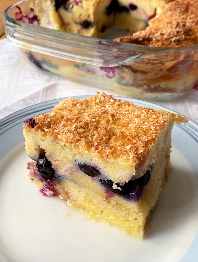 Blueberry and Coconut Bread and Butter Pudding. A luxurious version of a French Toast casserole, with a rich, creamy coconut egg custard and a generous sprinkling of fresh blueberries throughout. Delicious served warm fresh from the oven