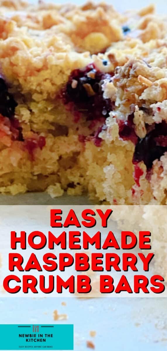 Easy Homemade Raspberry Crumb Bars. Quick and easy made from scratch recipe with a delicious vanilla streusel crumble topping. Great tasting sweet & tangy cake. Great for dessert or tea time