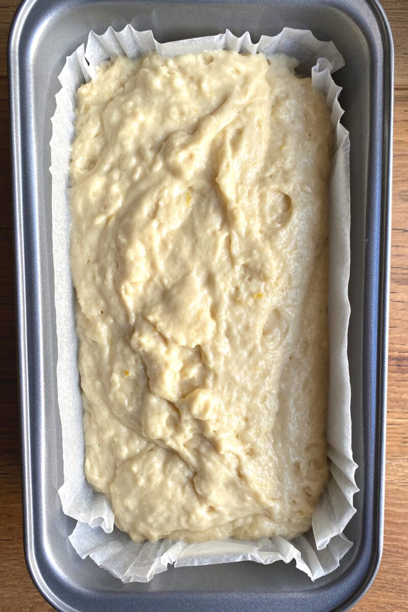 Easy Blueberry and Lemon Crumble Cake , batter in loaf pan