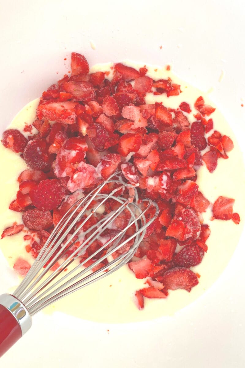 Easy Strawberry French Yogurt Cake, add strawberries to cake batter