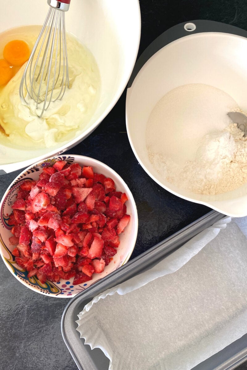 Easy Strawberry French Yogurt Cake, ingredients prepared
