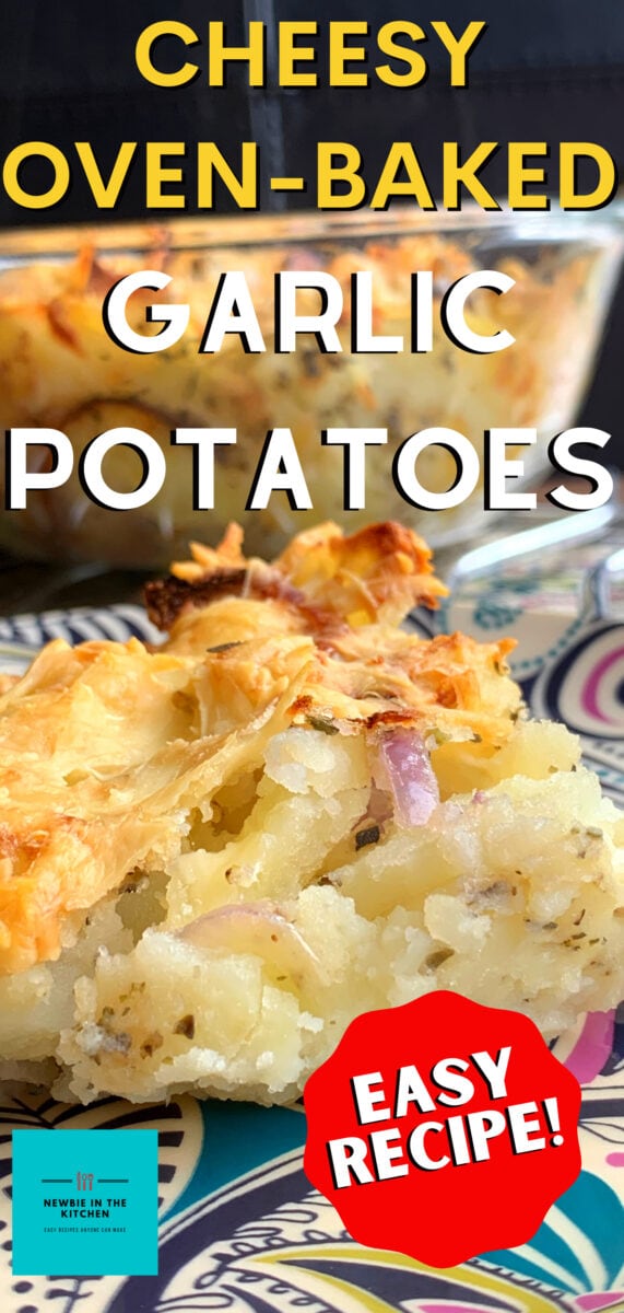 Cheesy Oven-Baked Garlic Potatoes. A simple, easy side dish recipe, with fluffy potatoes, cheese, and onions, baked in a tasty garlic and herb mix. The perfect cheesy potato bake!