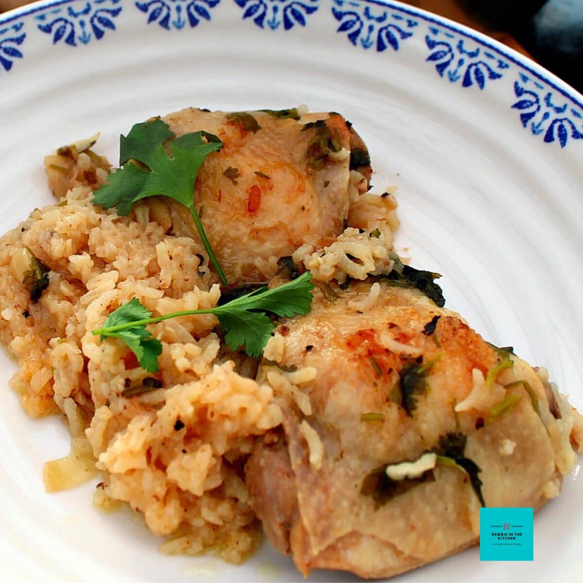 One Pan Garlic Chicken and Rice. An easy dinner recipe with juicy chicken, cooked on the stovetop with flavors of garlic and cilantro