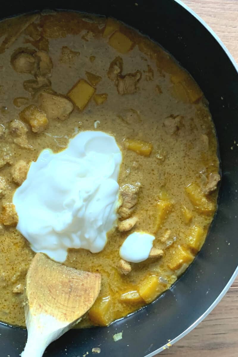 Add the yogurt and simmer Add the yogurt and simmer