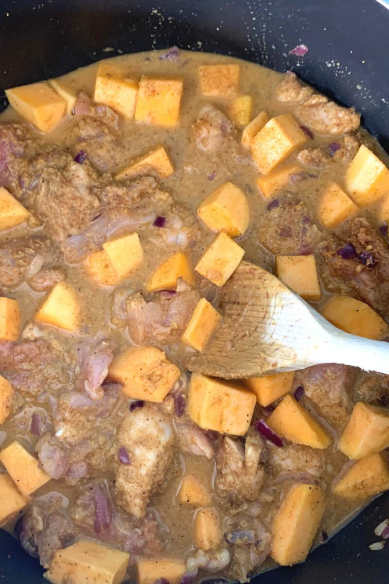 Add the chicken broth and combine Add the chicken broth and combine