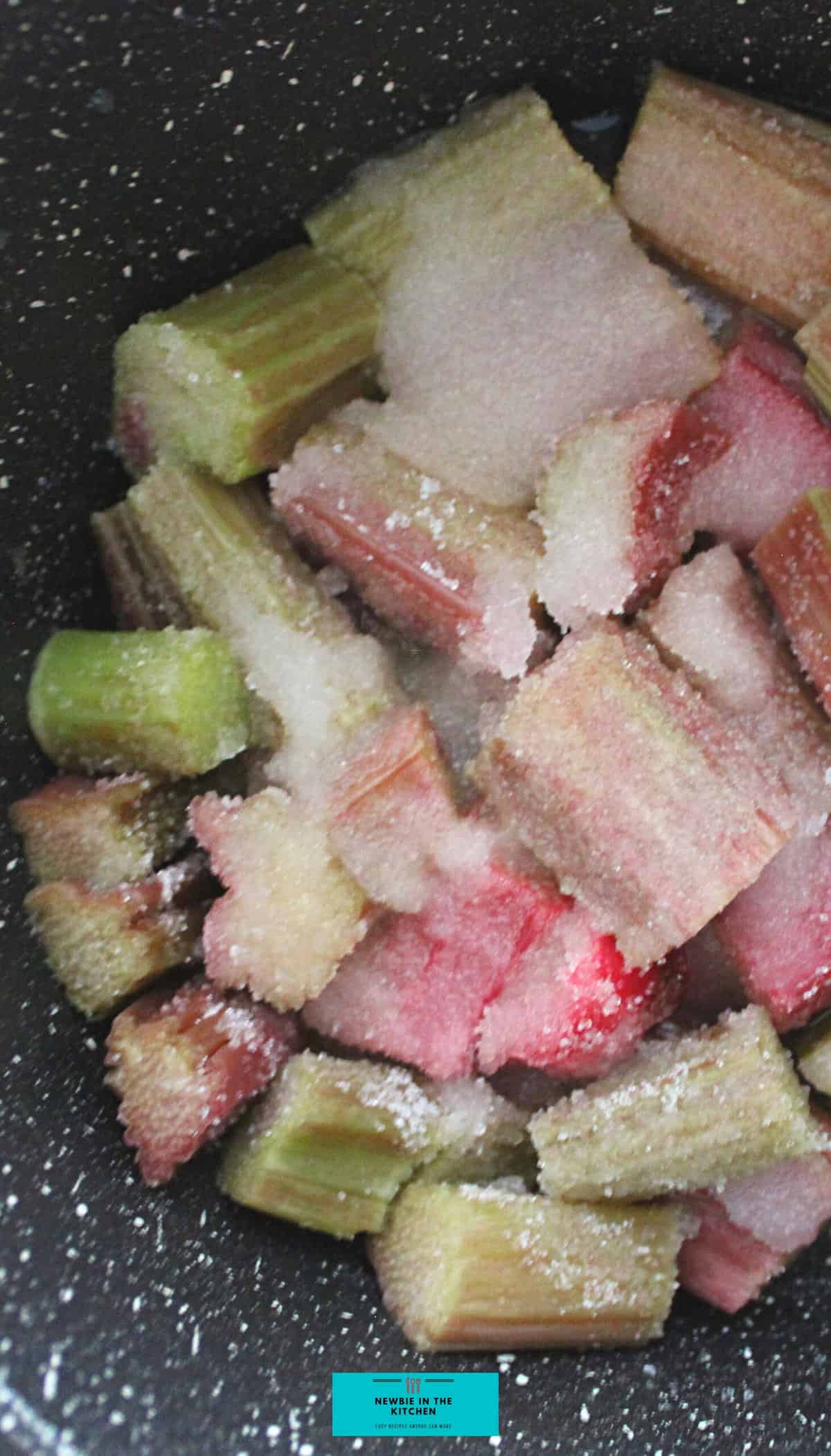 Easy Rhubarb Compote, adding sugar to pan