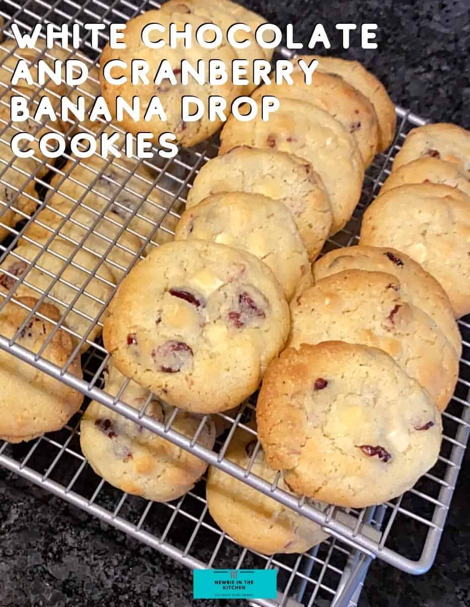 White Chocolate and Cranberry Banana Drop Cookies. These are a light, soft, fluffy cookie, loaded with white chocolate and cranberries. Great for using up those overripe bananas!