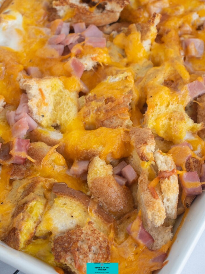 Easy Ham and Cheese French Toast Bake. Easy ham and cheese French toast bake is ideal as a breakfast casserole or a main meal. Layers of ham, cheese, and bread set in a delicious savory egg custard filling then baked until crisp on the top.